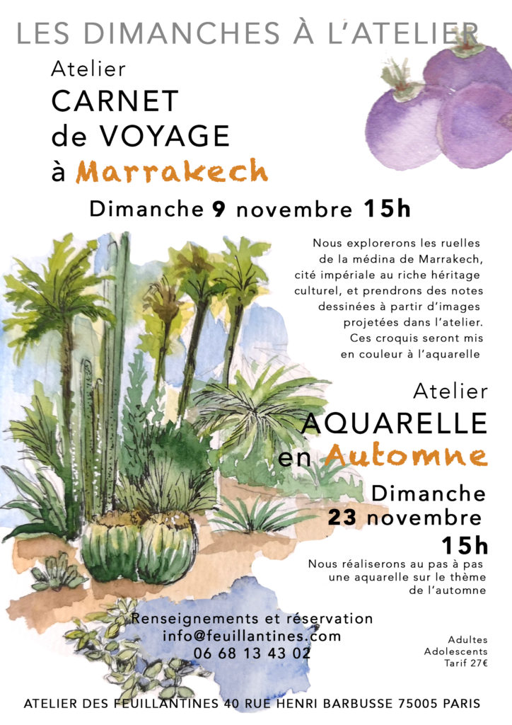 carnet de voyage marrakech - aquarelle d'automne les dimanches à l'atelier